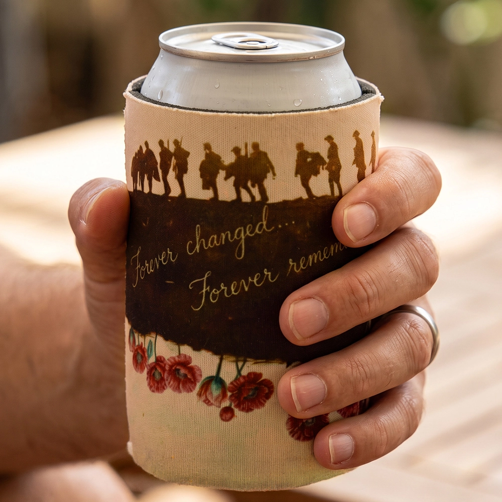 A man holding a beverage using the Forever Remembrance Drink Cooler