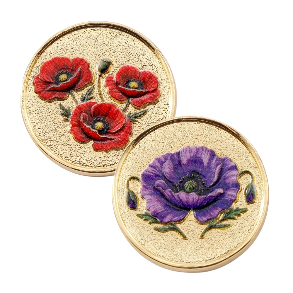 A small double sided medallion featuring red and purple poppies that comes with the Forever Remembrance Coin Locket Brooch