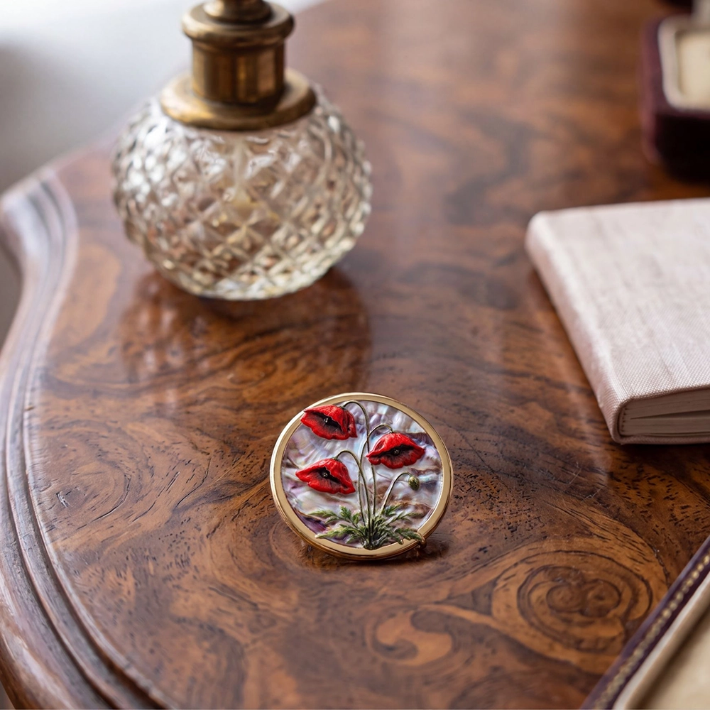 The Forever Changed Limited Edition Lapel Pin sitting on a vanity table
