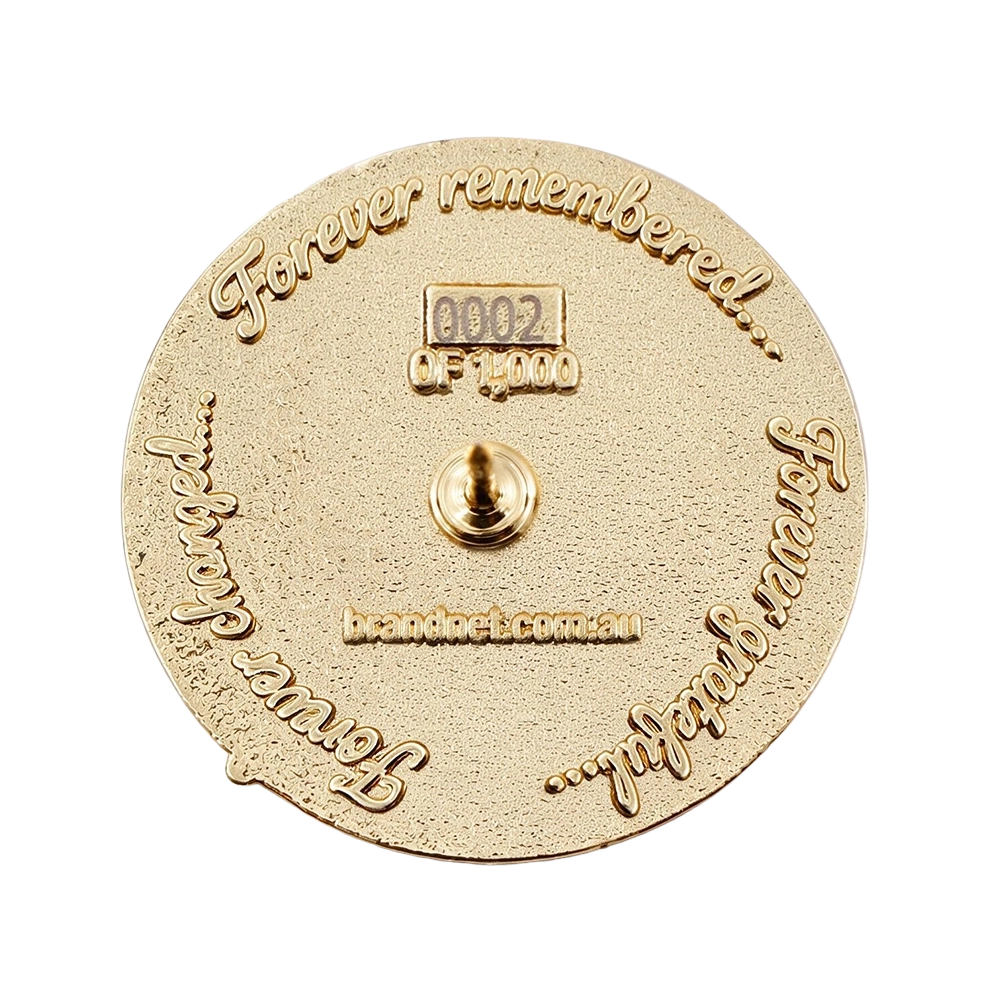 The back of the Forever Changed Limited Edition Lapel Pin featuring the limited edition number and words: Forever Changed.. Forever Remembered... Forever Grateful...